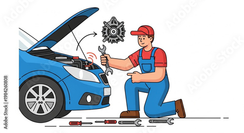Mechanic working on car engine with tools.