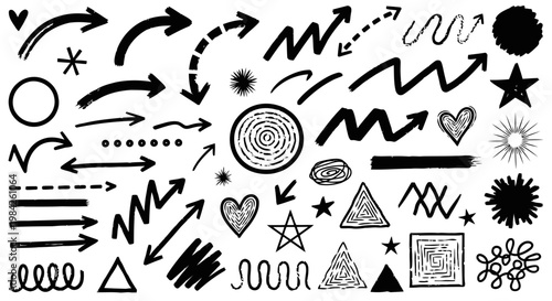 Black and white symbols and shapes arrows hearts stars