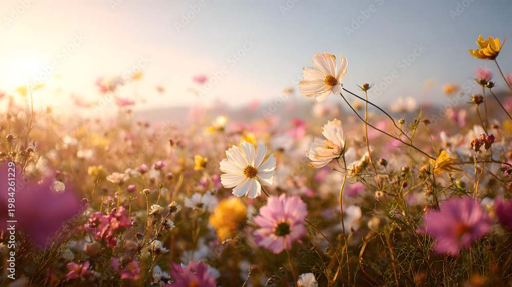 Obraz premium White and pink cosmos flower meadow under bright sun with hazy mountain background.