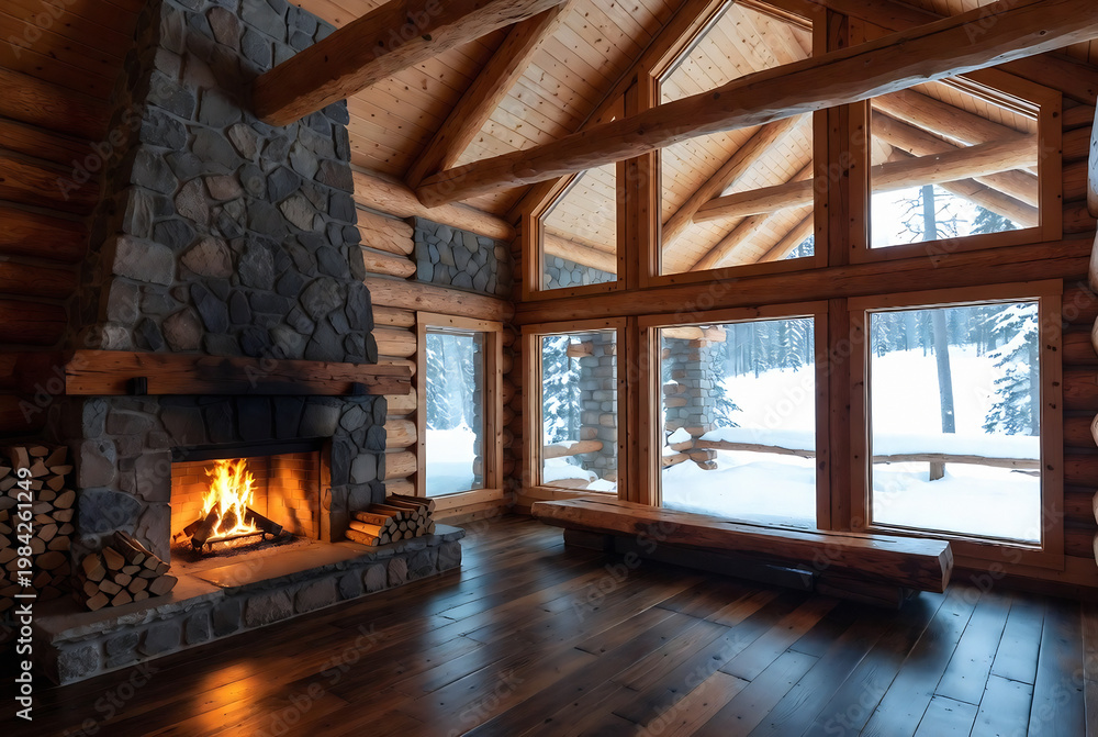Naklejka premium A cozy log cabin interior with a roaring fireplace, set in a snowy winter landscape.