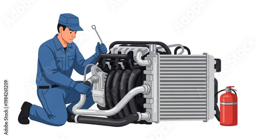 Mechanic working on car engine with tools and equipment.