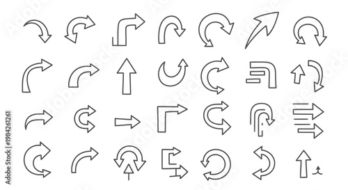 Black line arrows, directional symbols set line black and white