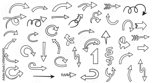 Collection of black arrows and directional symbols on white background