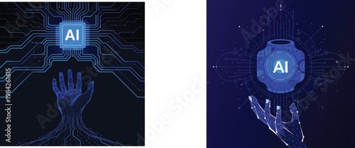 Artificial intelligence technology concept with digital hand reaching for microchip and circuit board futuristic banner.