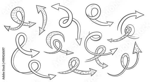 Hand-drawn arrows with swirling tails, black and white directional symbols