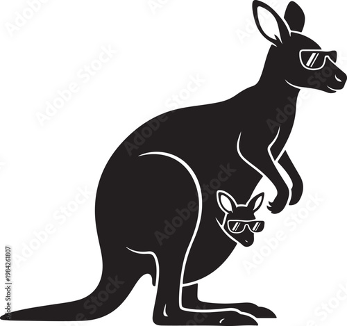 Black silhouette of kangaroo with joey.
