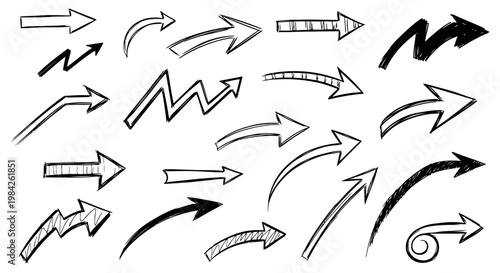 Hand-drawn arrows, various styles and directions on white background