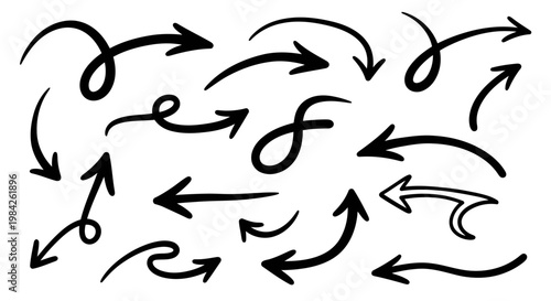 Hand-drawn black arrows on white background, assorted directions and styles