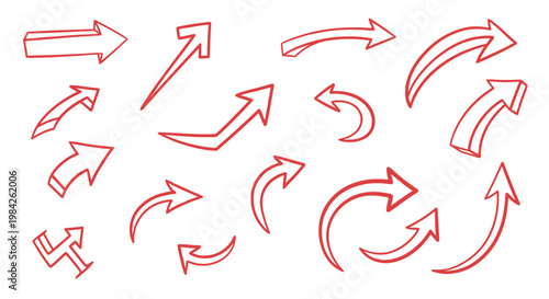 Red arrows collection, various directions on white background