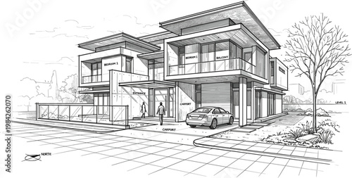 Modern luxury house exterior architectural sketch illustration with carport, contemporary residential design, urban living space and detailed home facade concept