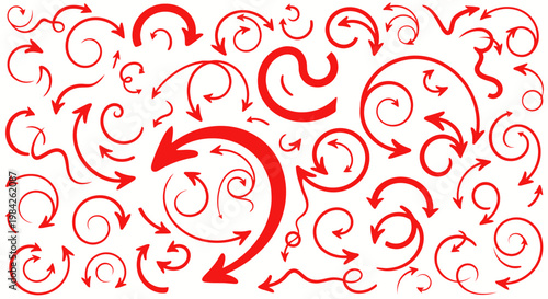 Red arrows, swirling and pointing in various directions on white background