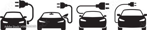 Electric car charging icons with power plug and cable representing sustainable green transportation and clean energy auto.