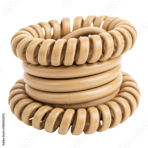 Beige coiled telephone cord isolated on a white background - vintage telecommunication equipment