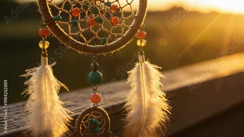 Dreamcatcher hanging on wooden railing with sunset background  