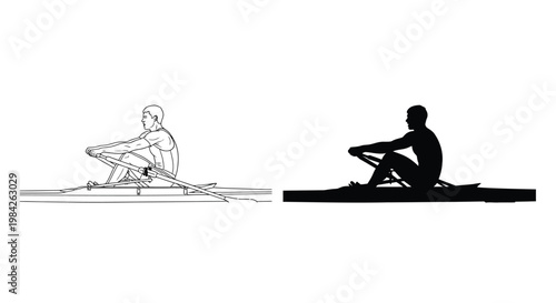 Vector graphic design featuring a professional rower in a scull boat, depicted in both outline and silhouette.