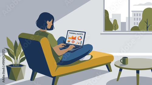 Woman Monitoring Firewall Alerts on Laptop at Home Illustration