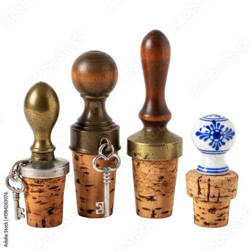 Set of Vintage Decorative Wine Bottle Stoppers with Brass, Wood, and Ceramic Handles Isolated on White