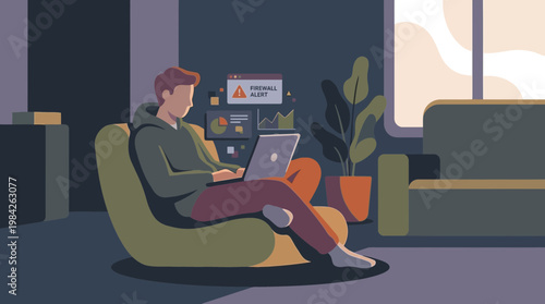 Man Using Laptop at Home Receiving Firewall Alert Notification