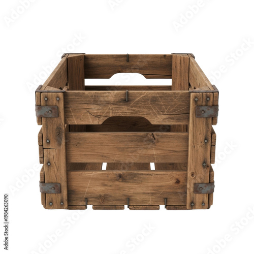 Empty vintage wooden crate with rustic texture and metal reinforced corners isolated on white background