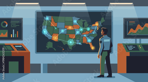 Security Officer Monitoring USA Map in Digital Command Center
