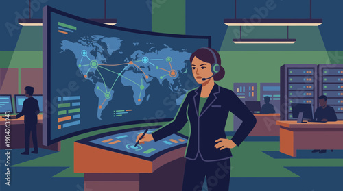 Female operator monitoring global network in command center