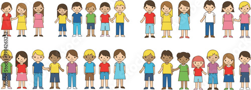 Diverse kids characters set with boys and girls of different ethnicities, cute cartoon children illustration for education, diversity and social design