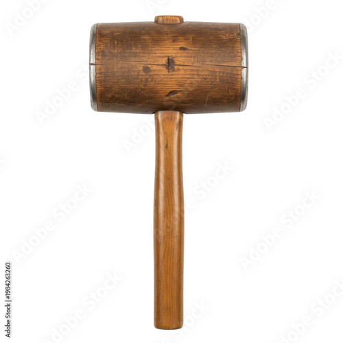 Vintage wooden mallet tool with metal bands and worn texture isolated on white background