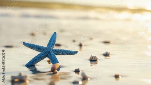 Blue starfish on wet sand with seashells at sunset  