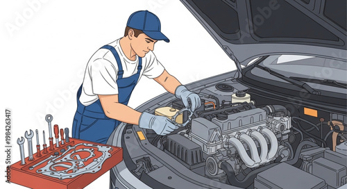 Mechanic working on car engine with tools.