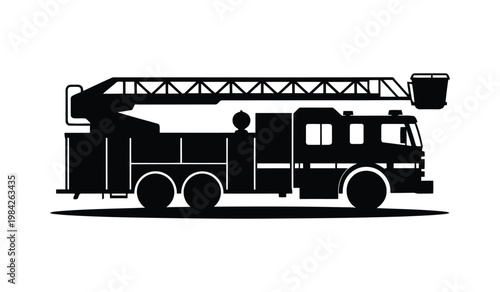 Fire Rescue Truck Silhouette Vector, Emergency Fire Engine Black Icon, Firefighter Response Vehicle Design on White Background