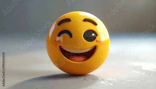 3D Rendered Winking Smiley Face Emoji with Joyful Expression.