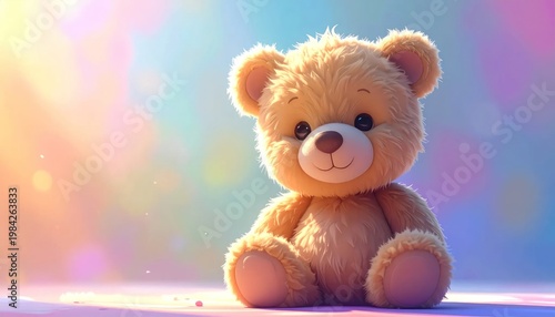 Adorable Fluffy Teddy Bear Sitting in Soft Pastel Background.