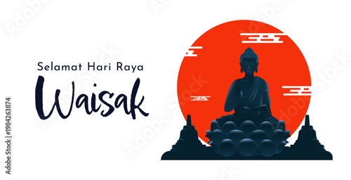 Vesak Day Greeting Poster with Buddha Silhouette, Red Sun Circle, and Minimalist Spiritual Landscape Background Design