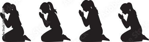 Silhouette of woman praying kneeling with hands together peaceful devotion spiritual gesture religious faith prayer pose vector icons.