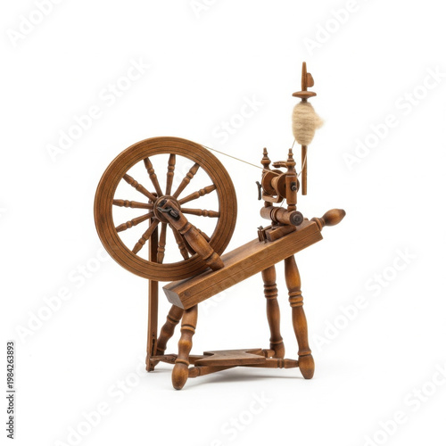 Antique Wooden Spinning Wheel for Yarn and Wool Production Isolated on White Background