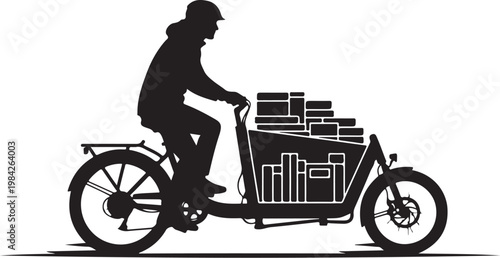 Delivery cyclist, food delivery, bike messenger, urban logistics, black silhouette