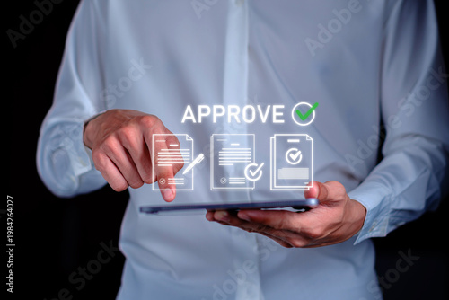 virtual holographic interface showing approve text with electronic document icons and green check marks, corporate software services, fintech marketing, legal technology blogs