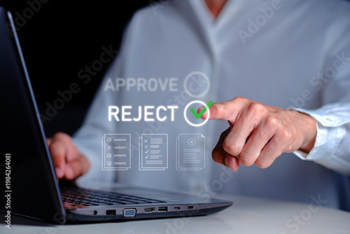 businessman reject checkbox on a virtual digital interface, denied loan applications, failed contract verification, and quality control rejection. Ideal for financial risk management blogs credit 