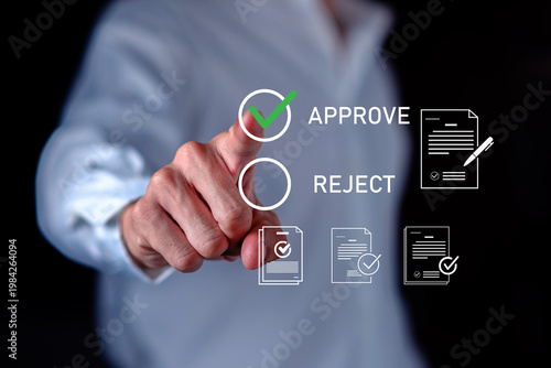 virtual holographic interface showing approve text with electronic document icons and green check marks, corporate software services, fintech marketing, legal technology blogs