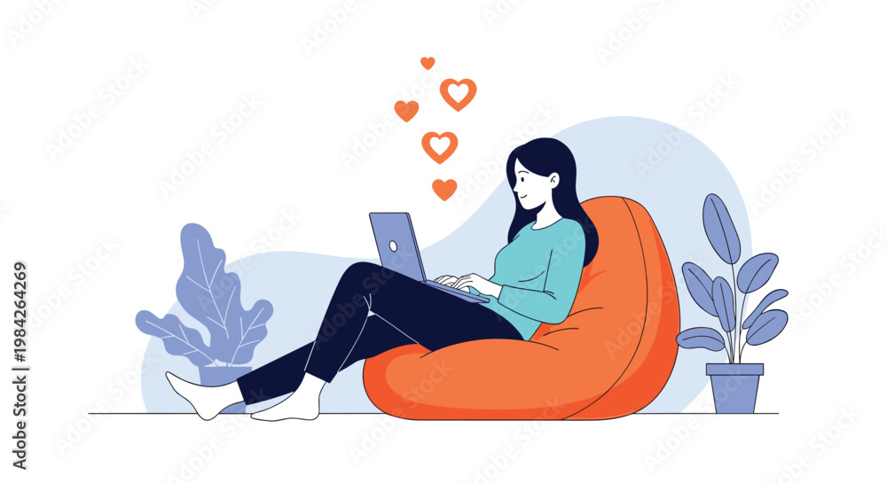 Obraz premium Young woman relaxing comfortably in a large orange bean bag chair while using her laptop at home surrounded by plants and hearts.