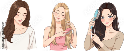 Women hair care routine set with brushing styling and healthy long hair maintenance isolated vector illustration for beauty and wellness