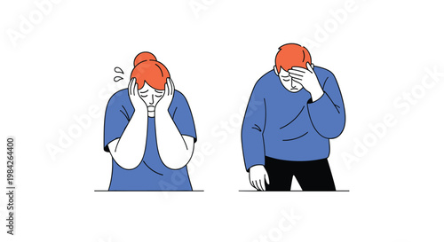 Two individual illustrations of a man and a woman looking stressed and suffering from a headache highlight common issues of mental fatigue.