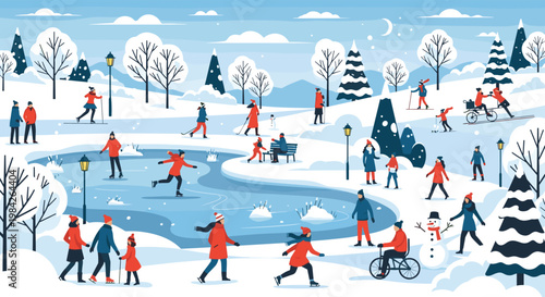 Bustling winter landscape illustration filled with people ice skating on a frozen pond and playing in a snowy park under a crescent moon.