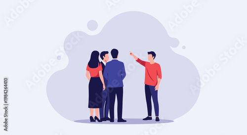 Professional business team illustration shows a group of colleagues listening to a person in a red shirt pointing toward a new goal or plan.