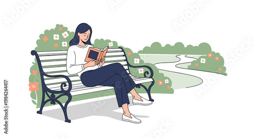 Peaceful illustration of a woman sitting on a white park bench reading a book while surrounded by flowering bushes and a winding scenic path.