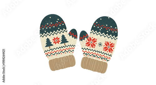Pair of cozy knitted winter mittens featuring festive red and green patterns of snowflakes and pine trees, perfect for cold seasonal decor.