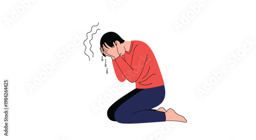 Desperate man kneeling on the floor and weeping into his hands symbolizes deep grief, profound sadness, or a significant life crisis in art.
