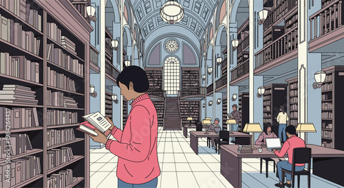 Ornate library interior with towering bookshelves, students reading at desks, and a vaulted ceiling creates a classic scholarly atmosphere.