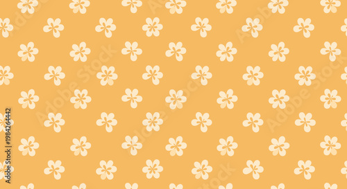 Simple five-petal white flowers are arranged in a regular repeating pattern on a warm orange background, ideal for bright summer designs.