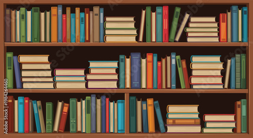 Tall wooden bookshelf packed with rows of colorful books in various sizes represents a vast and diverse library of human knowledge and art.